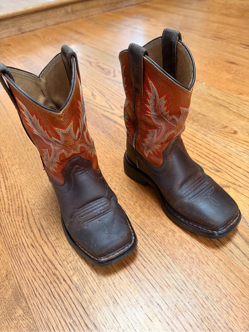 Ariat Brown Leather Kids' Western Boots with Orange Embroidered Shaft